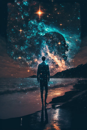 Man standing on the beach and looking at the Milky Way. Collage.の素材