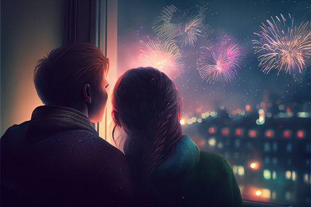 Couple watching fireworks from the window at night. Valentine's day conceptの素材