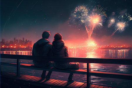 Couple sitting on a wooden pier and watching fireworks in the night skyの素材