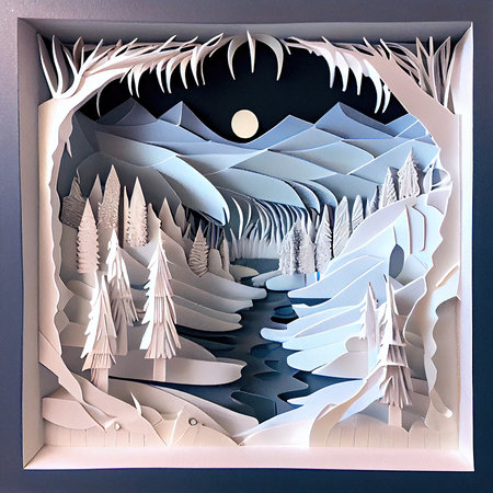 3D illustration of a winter landscape with snow-capped mountainsの素材