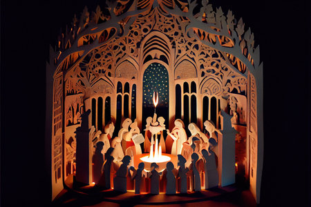 Lantern in the shape of a mosque with lighted candlesの素材