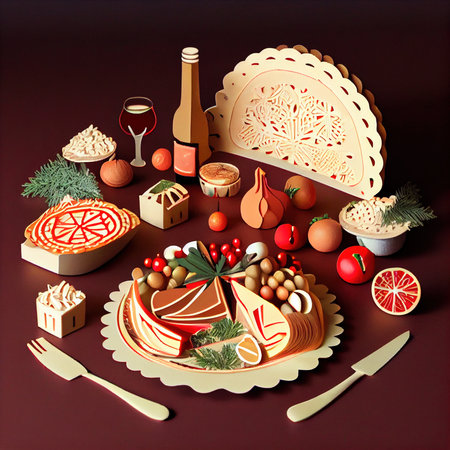 Christmas table with food and drink. Top view. Vector illustration.の素材