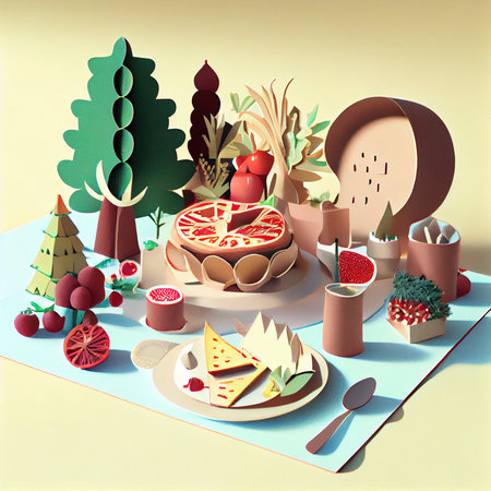 3d illustration of a table with food in the form of a Christmas treeの素材