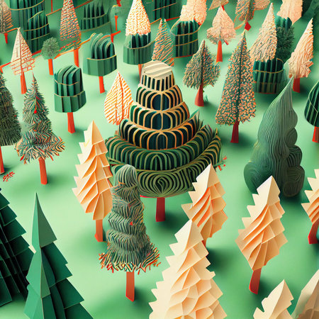 3D illustration of a Christmas tree made of paper on a green backgroundの素材