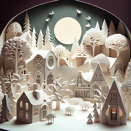 3d illustration of fairy tale town with trees and moon in the backgroundの素材