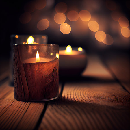 Burning candles on a wooden table with bokeh background.の素材