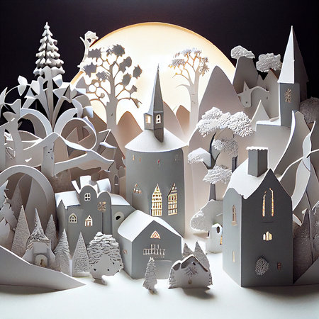 Paper model of a winter village with houses, trees, snowflakes and moon.の素材