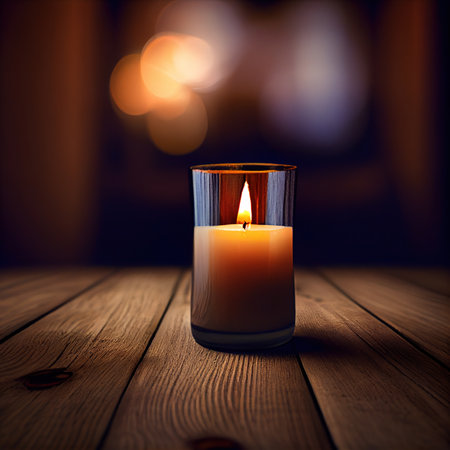 Burning candle in a glass on a wooden table with bokeh backgroundの素材