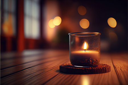 Burning candle on the wooden table in the room with bokehの素材