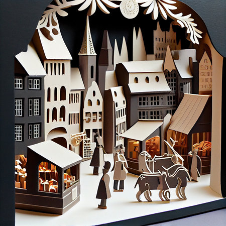 Merry Christmas and Happy Holidays! Paper cut of Christmas village, houses, trees, birds, animals.の素材
