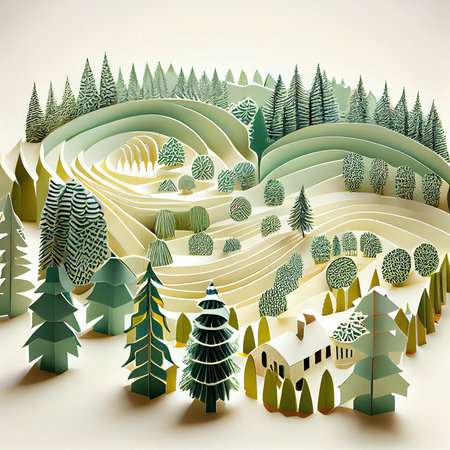 Mountain landscape with coniferous forest in paper art style.の素材