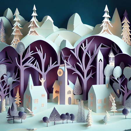 3d illustration of Christmas trees and houses in a paper cut styleの素材