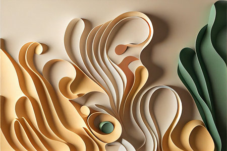 3d render, abstract background with paper cut shapes, waves and linesの素材