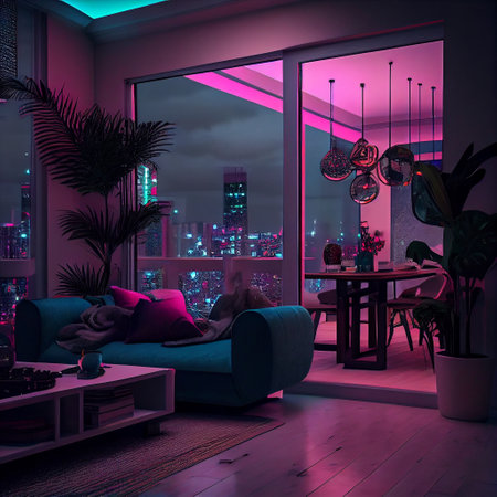 3d render of interior living room with night city view. Night time.の素材