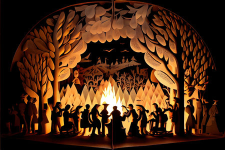 Christmas Nativity Scene with Lights and Silhouettes of Children in the Nightの素材