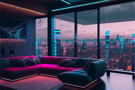 Modern interior design of living room with panoramic city view. 3D Renderingの素材