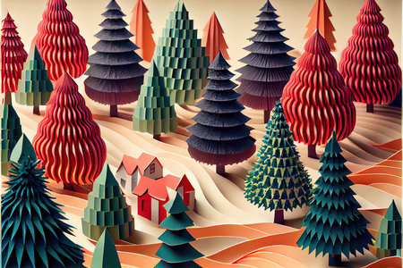 Christmas trees with houses in paper cut style. 3d illustration.の素材
