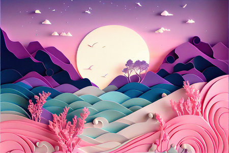 Paper art style of nature landscape background, paper cut and craft style.の素材