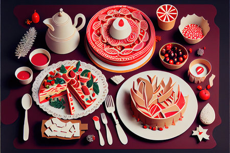 Festive table set with desserts and sweets. Top view. Vector illustration.の素材