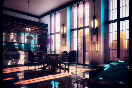 Interior of a modern cafe. Evening lighting. 3D renderingの素材