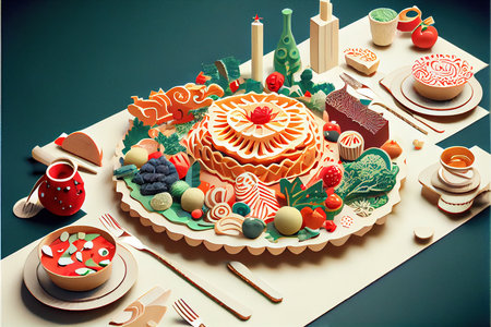 Christmas table with cake, fruits and decorations. 3D illustration.の素材