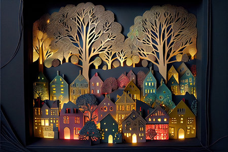 Paper cut of small houses in the shape of a Christmas tree.の素材