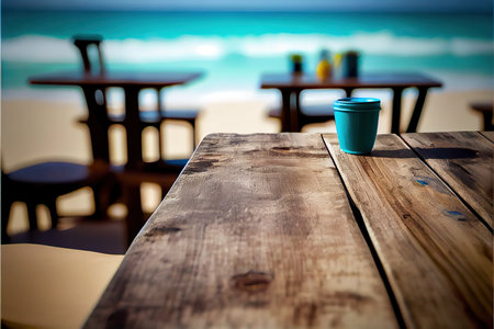 Coffee cup on wooden table in front of tropical beach backgroundの素材