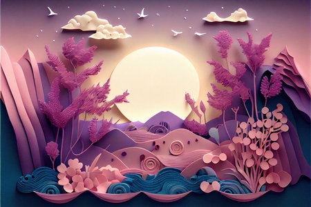 Paper art style of nature landscape background. Paper cut and craft style.の素材