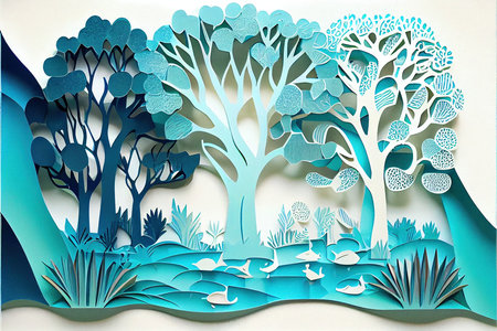 Paper cut nature landscape with trees and swans. Paper art styleの素材