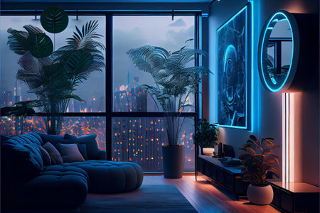 Modern living room interior design. 3D rendering. Night scene.の素材