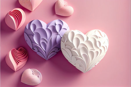 Paper hearts on a pink background. 3d rendering, 3d illustration.の素材