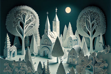 Paper cut illustration of a christmas village. 3D rendering.の素材
