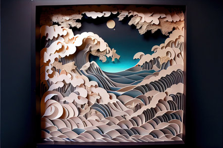 3D illustration of a stylized landscape with mountains and sky.の素材