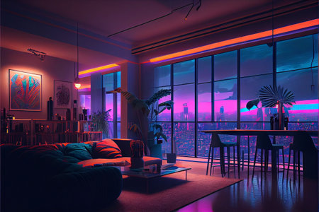 Interior of a cafe with a view of the city. 3D renderingの素材