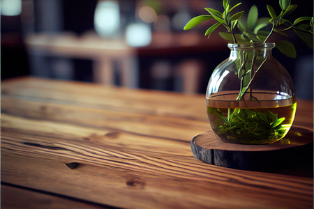 Green tea in a glass vase on a wooden table in a cafeの素材