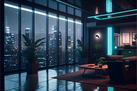 Interior of modern living room with night city view. 3D Renderingの素材