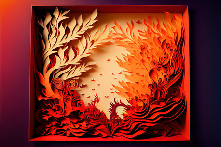 3D rendering of an abstract paper cut fractal in red and orangeの素材