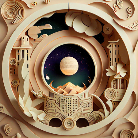3d illustration of fantasy landscape with moon and stars in the circleの素材