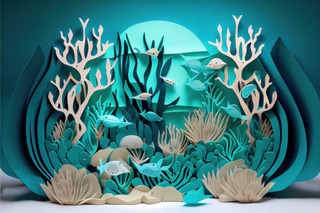 Underwater world. Paper cut fish and corals. 3d renderingの素材