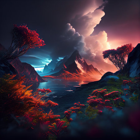 Fantasy landscape with mountains and ocean. 3D illustration. Vintage style.の素材