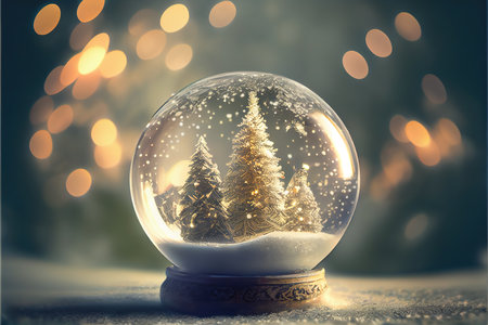 Snow globe with christmas tree inside and bokeh background.の素材