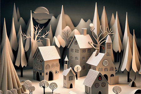 Paper Christmas trees and houses in the forest. 3D rendering.の素材