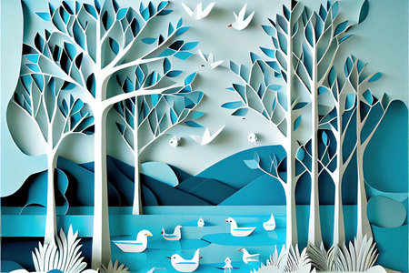 Paper art landscape with trees and birds. Paper cut and craft style.の素材