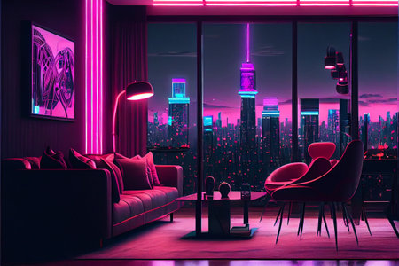 Modern living room interior with red sofa, coffee table and city view. 3D Renderingの素材