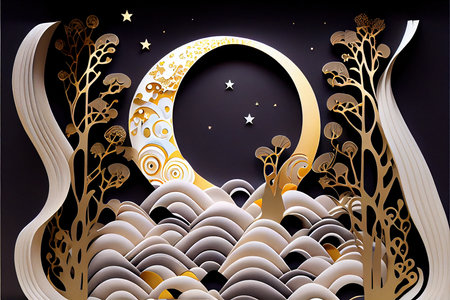 3D illustration of moon and tree in the paper cut style.の素材