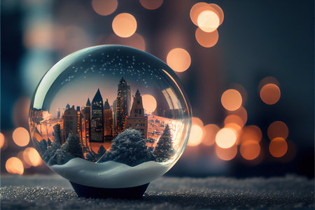 Snow globe with city and christmas tree on bokeh backgroundの素材