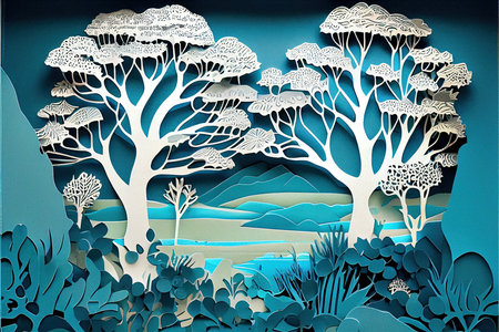 Paper cut landscape with trees and blue sky. Papercraft style.の素材