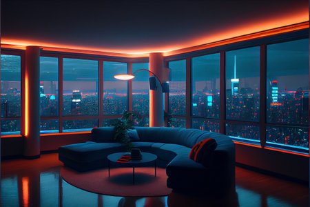 Interior of modern living room with night city view, 3D renderingの素材