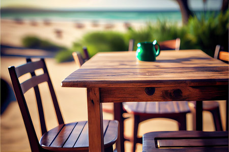 Wooden table and chairs on the beach. Selective focus.の素材