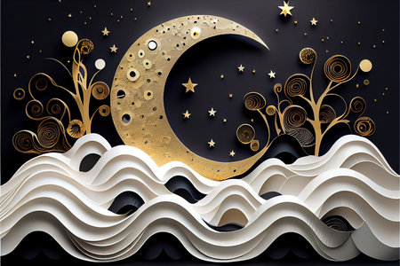 Abstract background with crescent moon and tree in paper cut style.の素材